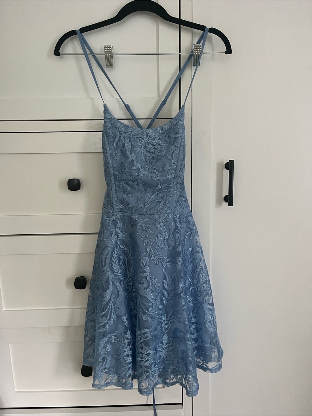 Blue Lace Fit & Flare Spaghetti Strap Dress